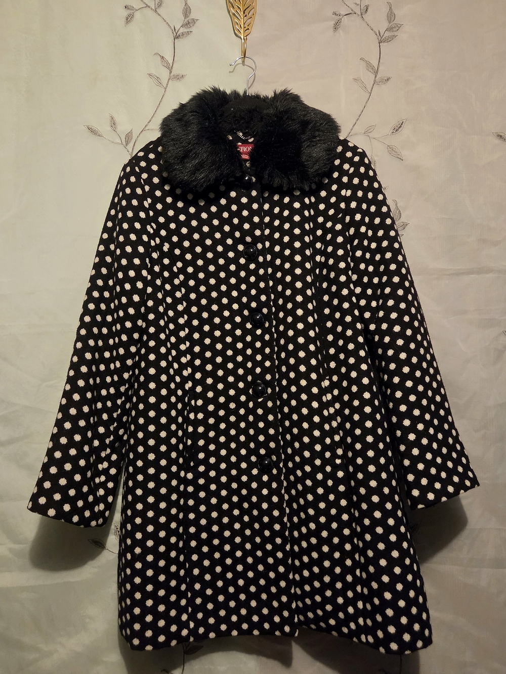 Sassy Women's XXL Polka Dot Wool 3/4 Coat - Black & Off-White